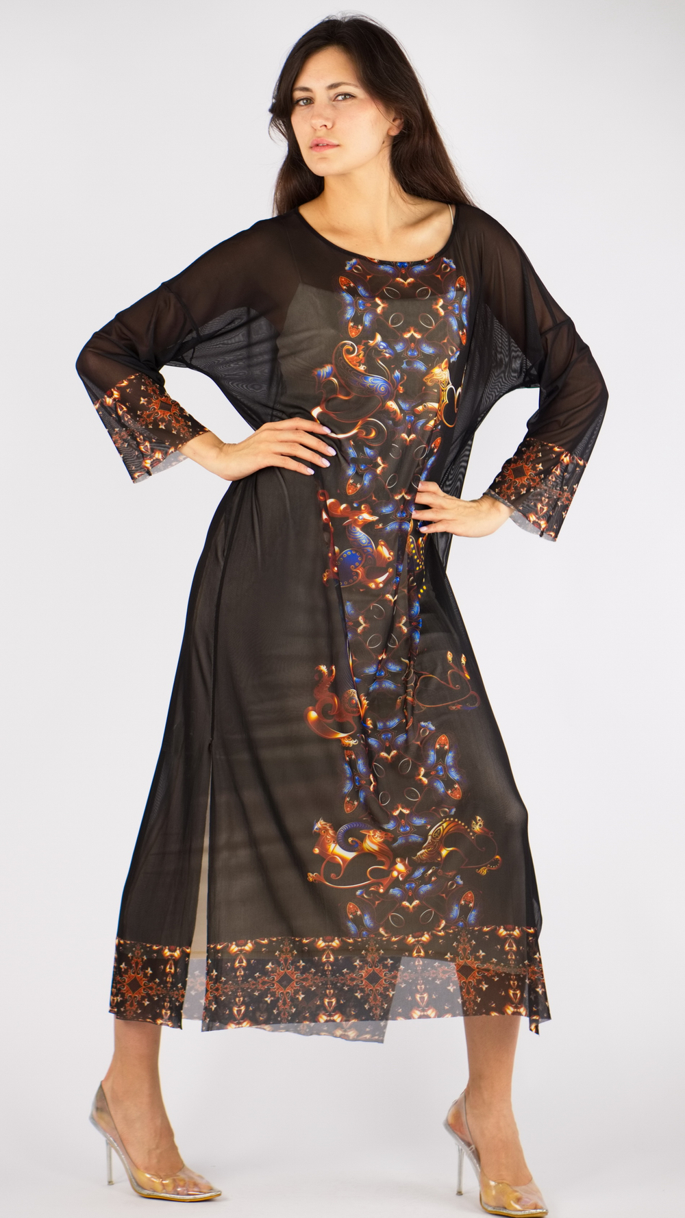 Платье-туника из сетки "Загадки скифов", принт по мотивам скифских татуировок, по материалам раскопок Пазырыкских курганов