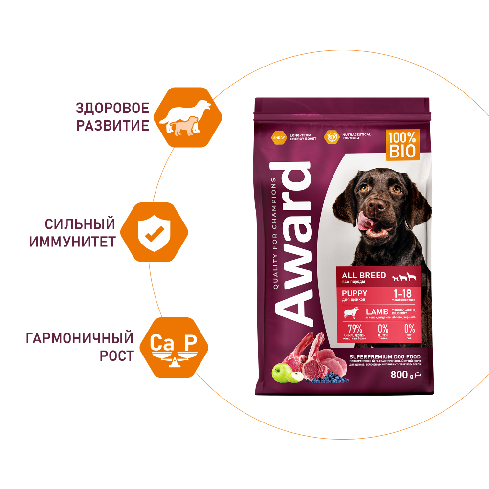 AWARD Сухой корм для щенков от 1 месяца, беременных и кормящих сук всех пород с ягненком и индейкой, 800 г