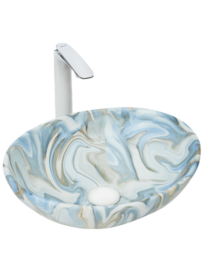 Раковина накладная (мрамор белая с голубым и серым) WeltWasser WW  ELBACH 3078 M814 410х335х145