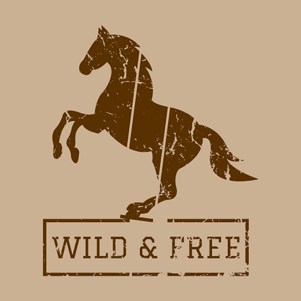 принт PewPewCat с лошадью Wild and free коричневый для бежевой футболки