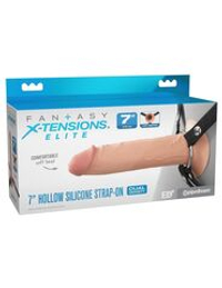 Телесный полый страпон на черных ремнях Hollow Silicone Strap-on - 17,8 см.