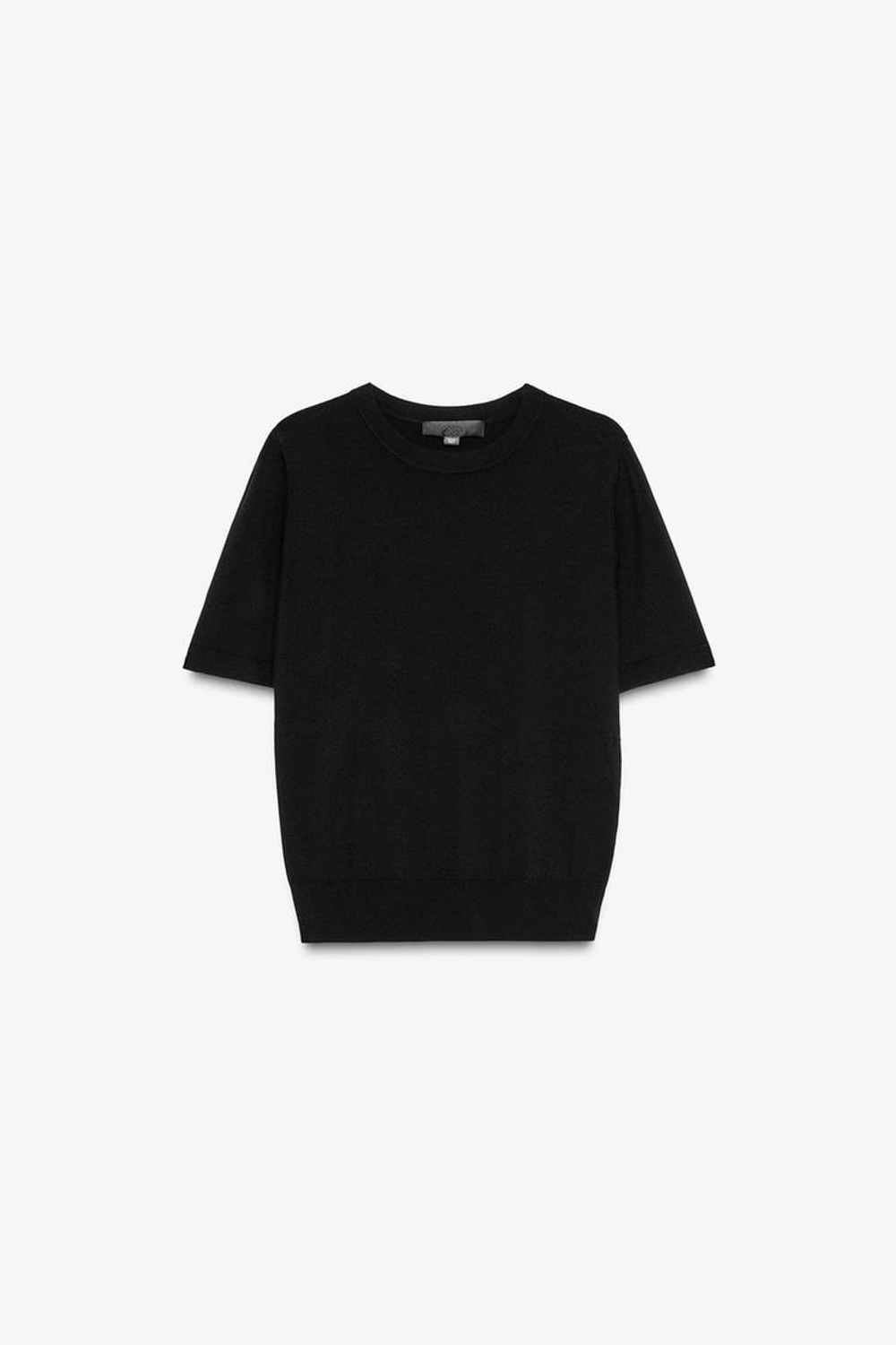 ZARA БАЗОВЫЙ ОДНОТОННЫЙ ТРИКОТАЖНЫЙ ТОП С КОРОТКИМИ РУКАВАМИ, ЧЕРНЫЙ