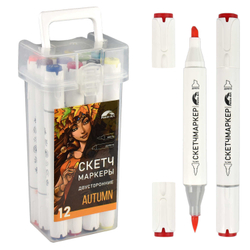 Набор скетчмаркеров двусторонних арт. 65501 / 2 ОСЕНЬ (12 цв., размер бокса: 8х16,5х6,4 см, цвет корпуса: белый, материал: полипропилен, полиэстер "Фетр", нейлон, состав чернил: на спиртовой основе, толщина наконечников: "долото" - 6,2 мм, "кисть" -