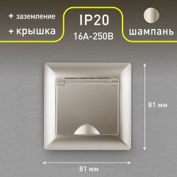 Розетка Intro Solo 4-203-04 с заземлением 2P+E Schuko с крышкой, 16А-250В, IP20, СУ, шампань
