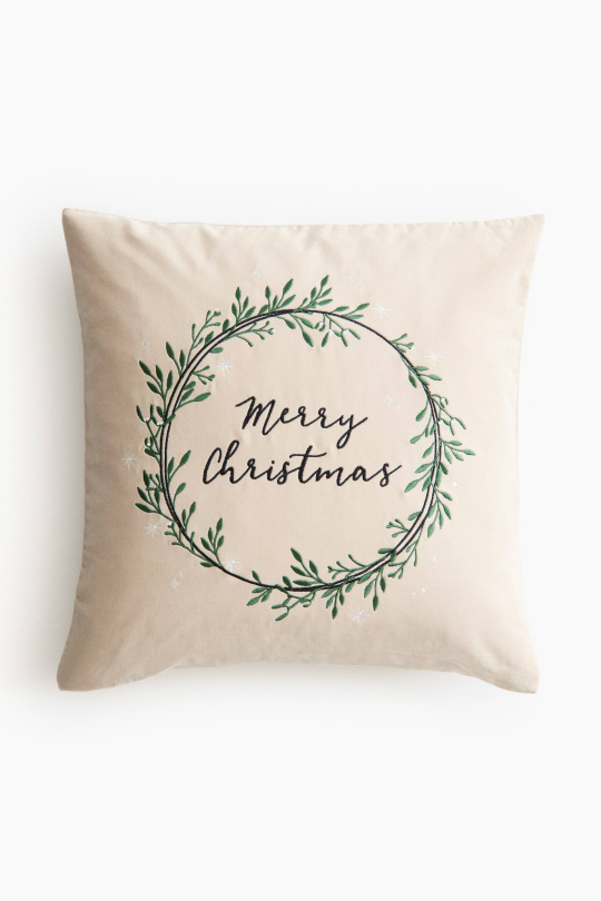 H&M HOME РОЖДЕСТВЕНСКИЙ БАРХАТНЫЙ ЧЕХОЛ НА ПОДУШКУ С ПРИНТОМ, БЕЖЕВЫЙ