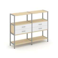 Shelf System Двухсекционный стеллаж трехярусный с ящиками SN.STM-322 Акация Лорка/Белый/Металл Серый