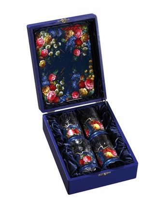 Zhostovo tea glass holders in wooden box - set of 4 tea glass holders and hand forged tray SET04D-667785795