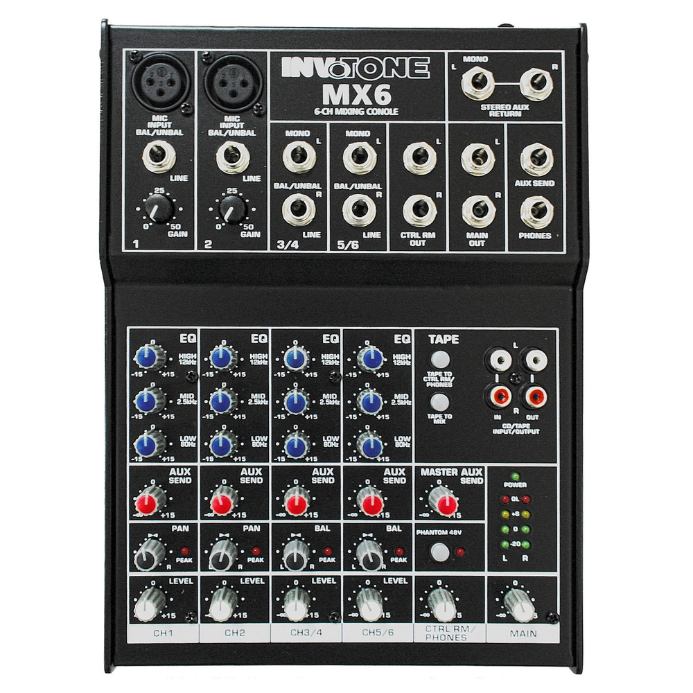 INVOTONE MX6 - микшерный пульт,2 микрофонных входа, XLR и балансный Jack,2 стерео входа.