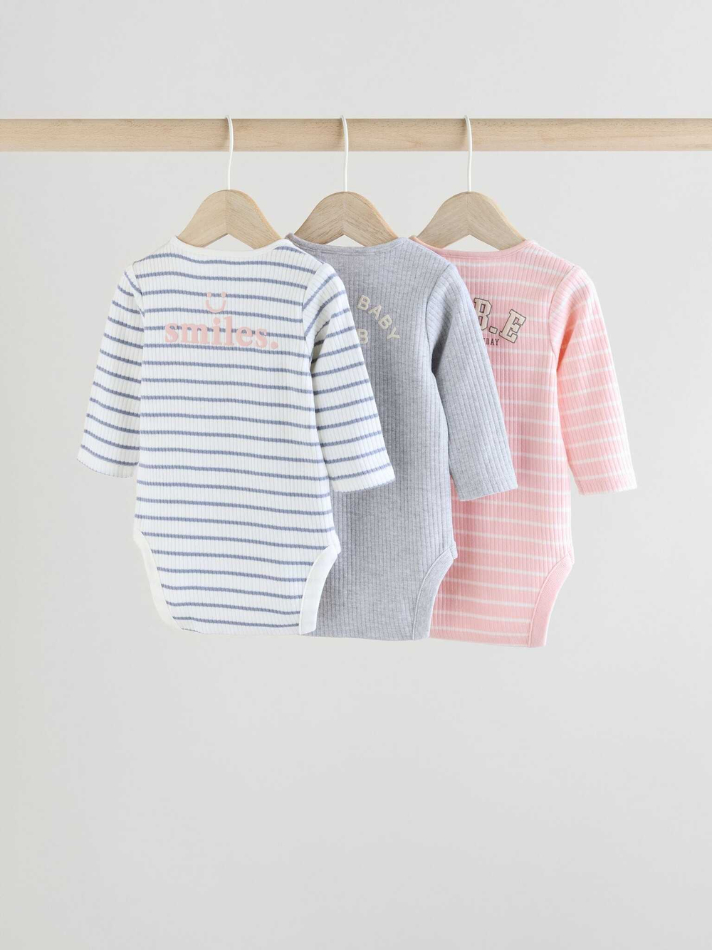 Боди с длинным рукавом для малышей Next E92-957, 3 шт., Белый, Серый, Розовый