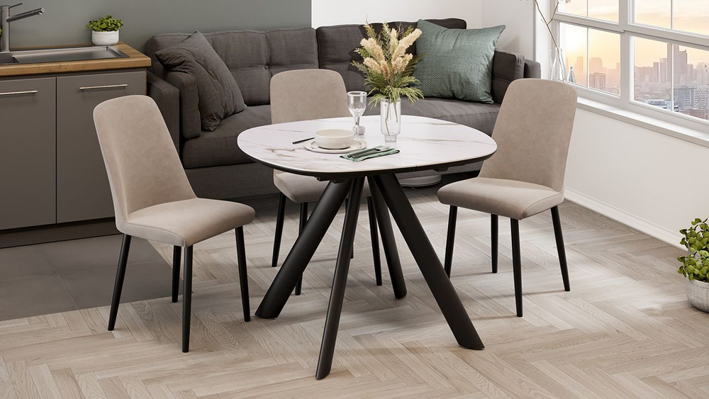 Стол кухонный обеденный раздвижной Черный муар/Керамика матовая белый мрамор 100(135)х90х76 см