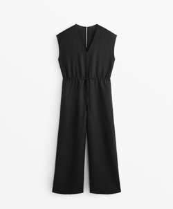 Oysho Длинный комбинезон из льна с рюшами на талии, черный