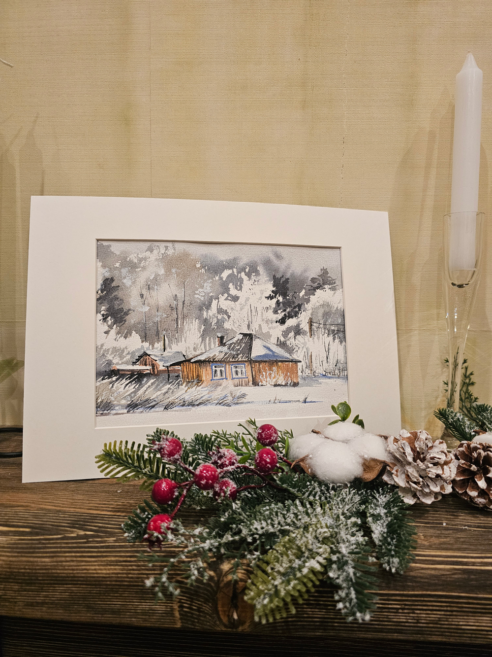 Картина авторская акварельная в паспарту 21*30 см на стену для интерьера "Зима"