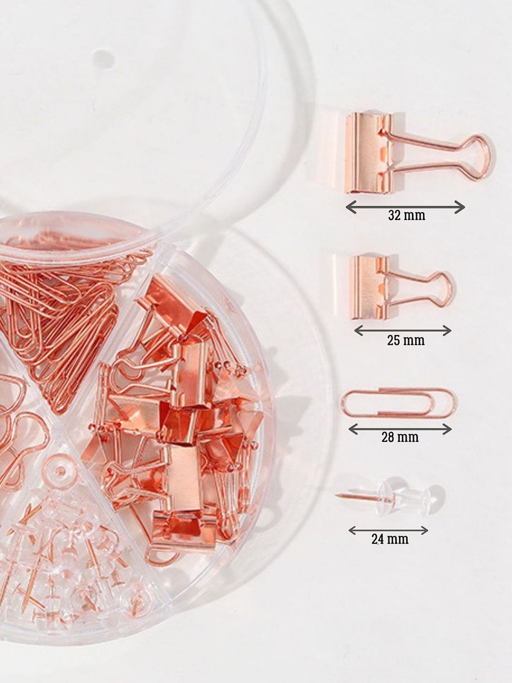 Набор канцелярский медный из 4-х предметов-скрепки, зажимы 2 вида, кнопки (К0011-058)