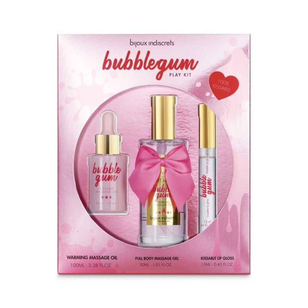 Набор Bijoux Indiscrets Bubble Gum Play Kit: блеск для губ, разогревающее масло, лубрикант 2в1