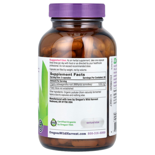 Oregon's Wild Harvest, Органическая ашваганда, 180 органических веганских капсул (400 мг на капсулу)