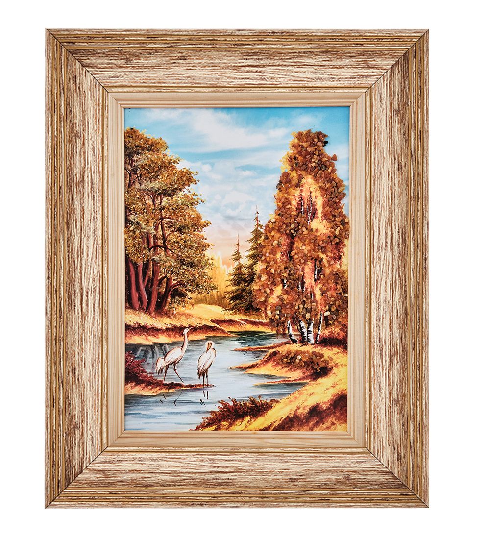 AMB-01/38 Картина «Аисты на краю осени» (с янтарной крошкой) пласт.рамка 33х42см