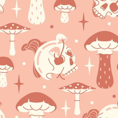 Крутой винтажный принт в розовых тонах с грибами и черепами