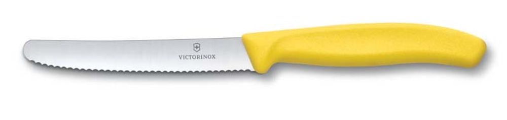 Фото нож столовый VICTORINOX SwissClassic лезвие из нержавеющей стали 11 см с волнистой заточкой и закруглённым кончиком рукоять из жёлтого пластика с гарантией