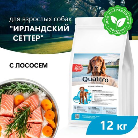 Корм сухой для взрослых собак породы Ирландский сеттер, премиум полнорационный комплекс, с лососем, 12 кг, QUATTRO