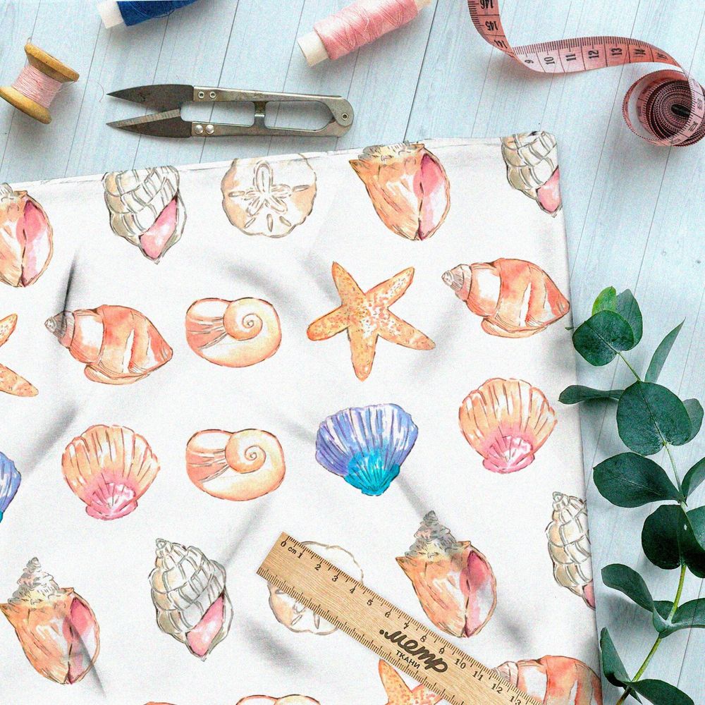Ткань оксфорд 600 разноцветные ракушки и морские звёзды