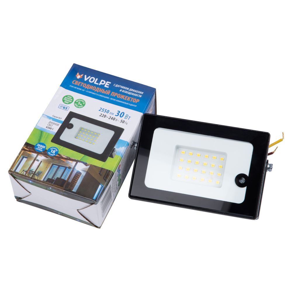 ULF-Q518 30W-6500K SENSOR IP65 220-240V BLACK Прожектор светодиодный с датчиком движения и освещенности. Дневной свет 6500K. Корпус черный. TM Volpe