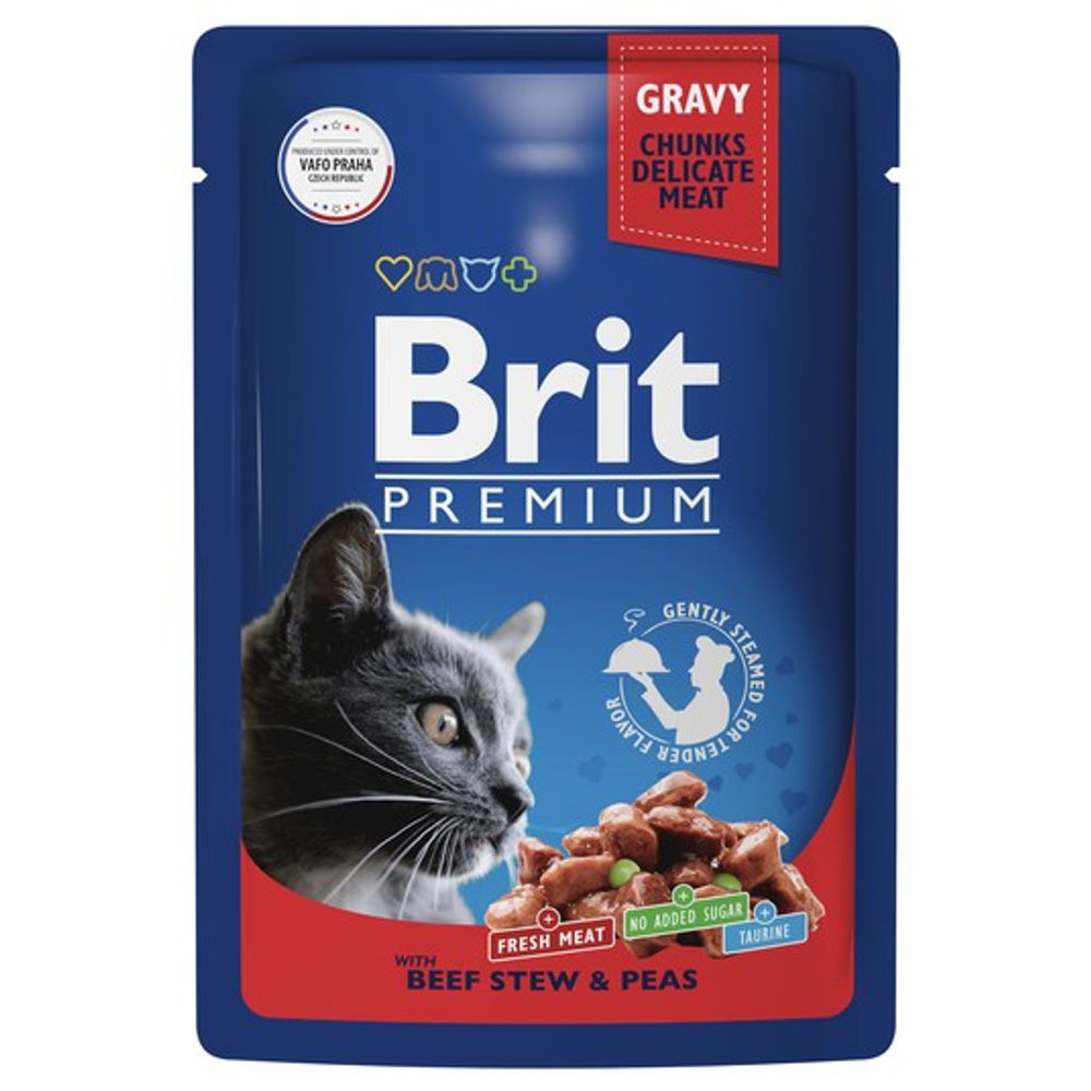 Влажный корм пауч для взрослых кошек Брит BRIT PREMIUM говядина и горошек в соусе, 85г