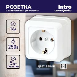 Розетка Intro Quadro 2-202-01 с заземлением 2P+E Schuko, 16А-250В, IP20, ОУ, белый