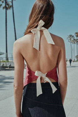 ZARA ЖИЛЕТ ХАЛТЕР В ПОЛОСКУ С ЗАВЯЗКАМИ, РОЗОВЫЙ