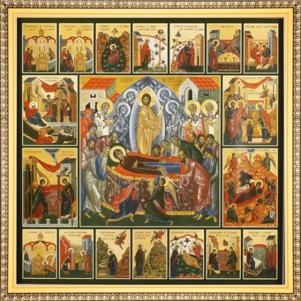 Икона "Успение Пресвятой Богородицы" с житиями, рама 28х28, в коробке