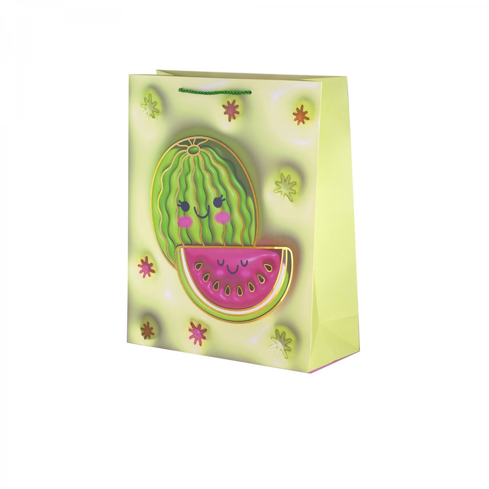 Пакет подарочный бумажный Alingar, (М) 18х23х10 см, вертикальный, "Яркие фрукты", мат. ламинация, тиснение голография, эфффект 3D, ассорти