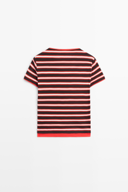 Massimo Dutti Хлопковая футболка в полоску с короткими рукавами, красный