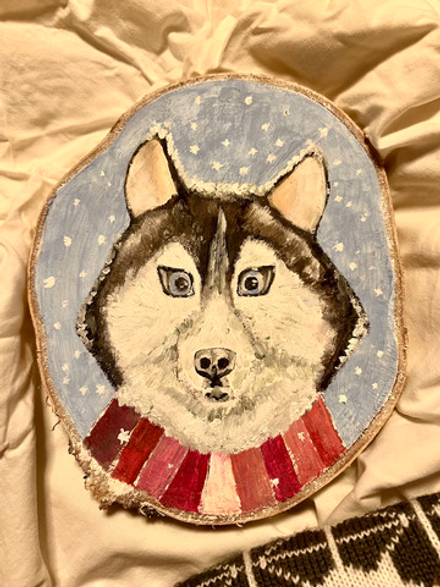 Картина маслом на спиле дерева "Новогодний хаски"