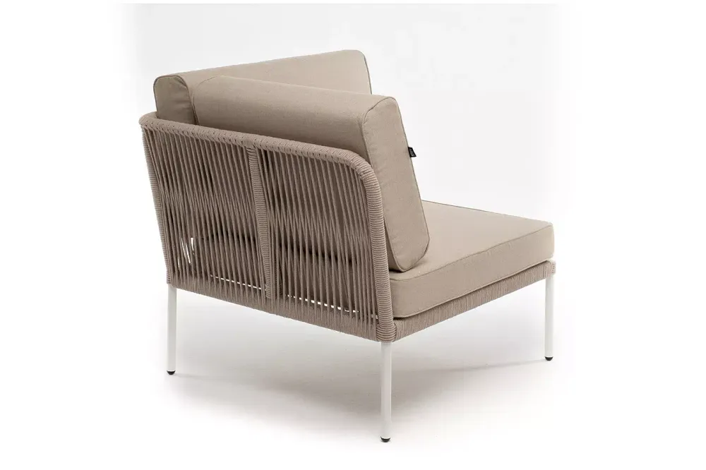 "Канны" угловой модуль плетеный из роупа, каркас алюминий белый муар, роуп бежевый круглый, ткань бежевая 15052