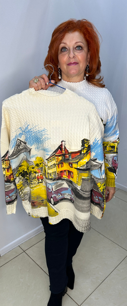 Цветной джемпер с закрытым горлом и мелкой "косичкой"