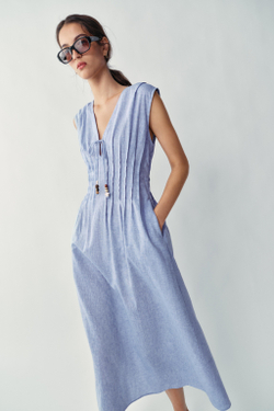 ZARA ЛЬНЯНОЕ ПЛАТЬЕ МИДИ СО СКЛАДКАМИ, СИНИЙ