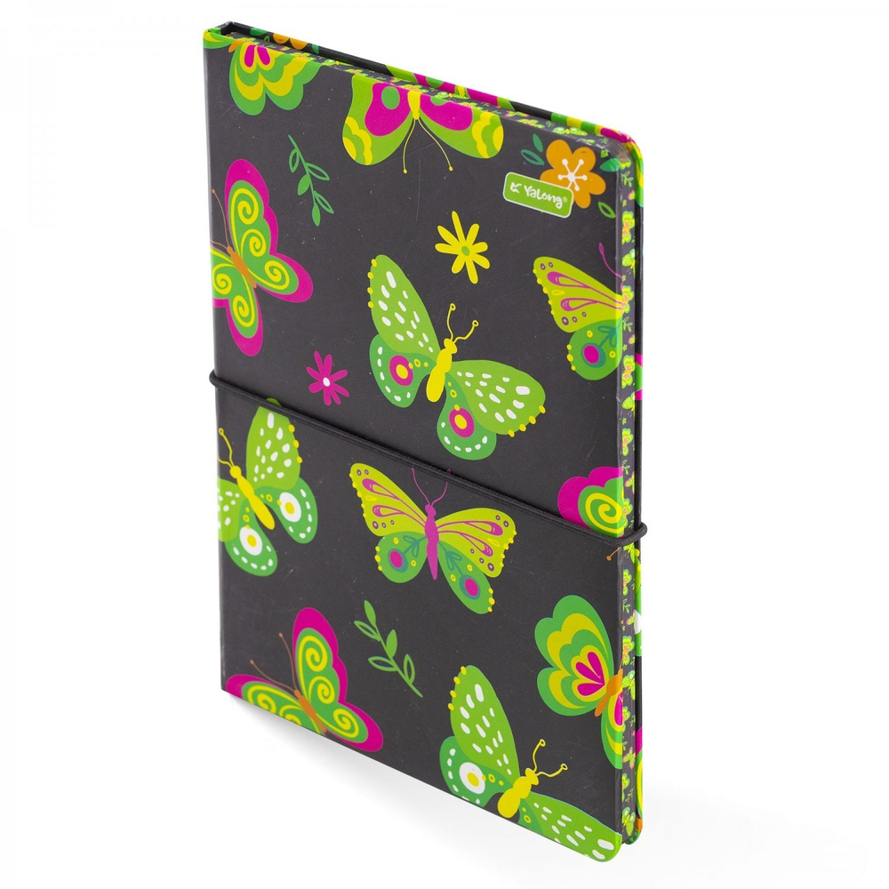 Записная книжка, А5, Yalong, 7БЦ, матовая ламинация, поролон, на резинке, клетка, цветной срез, 80 л., "Бабочки черном", ассорти