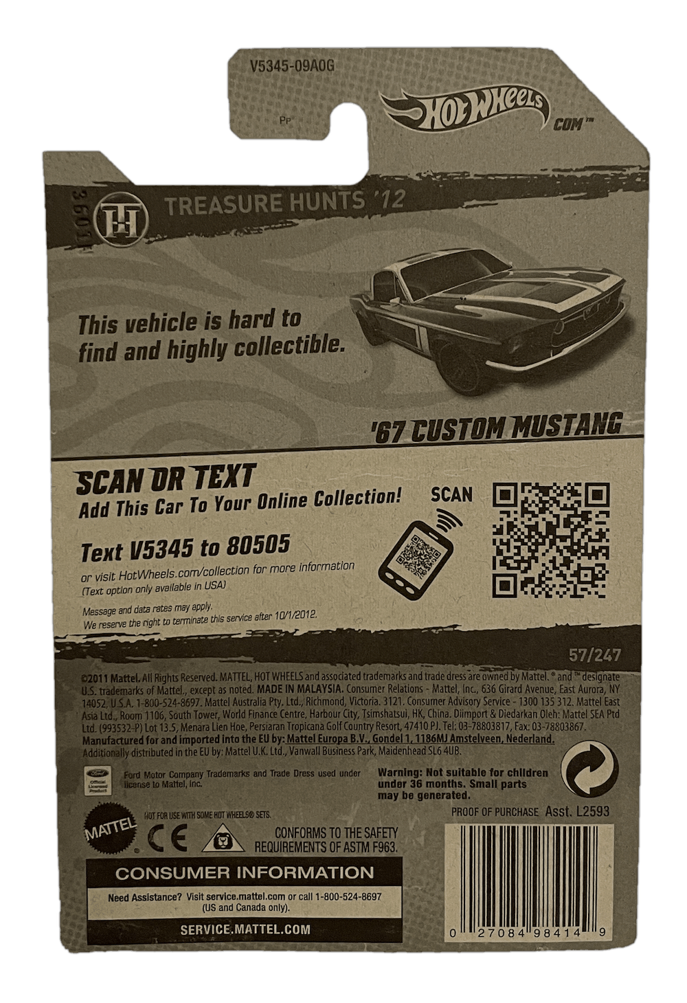 Hot Wheels Treasure Hunt '67 Custom Mustang (2012)