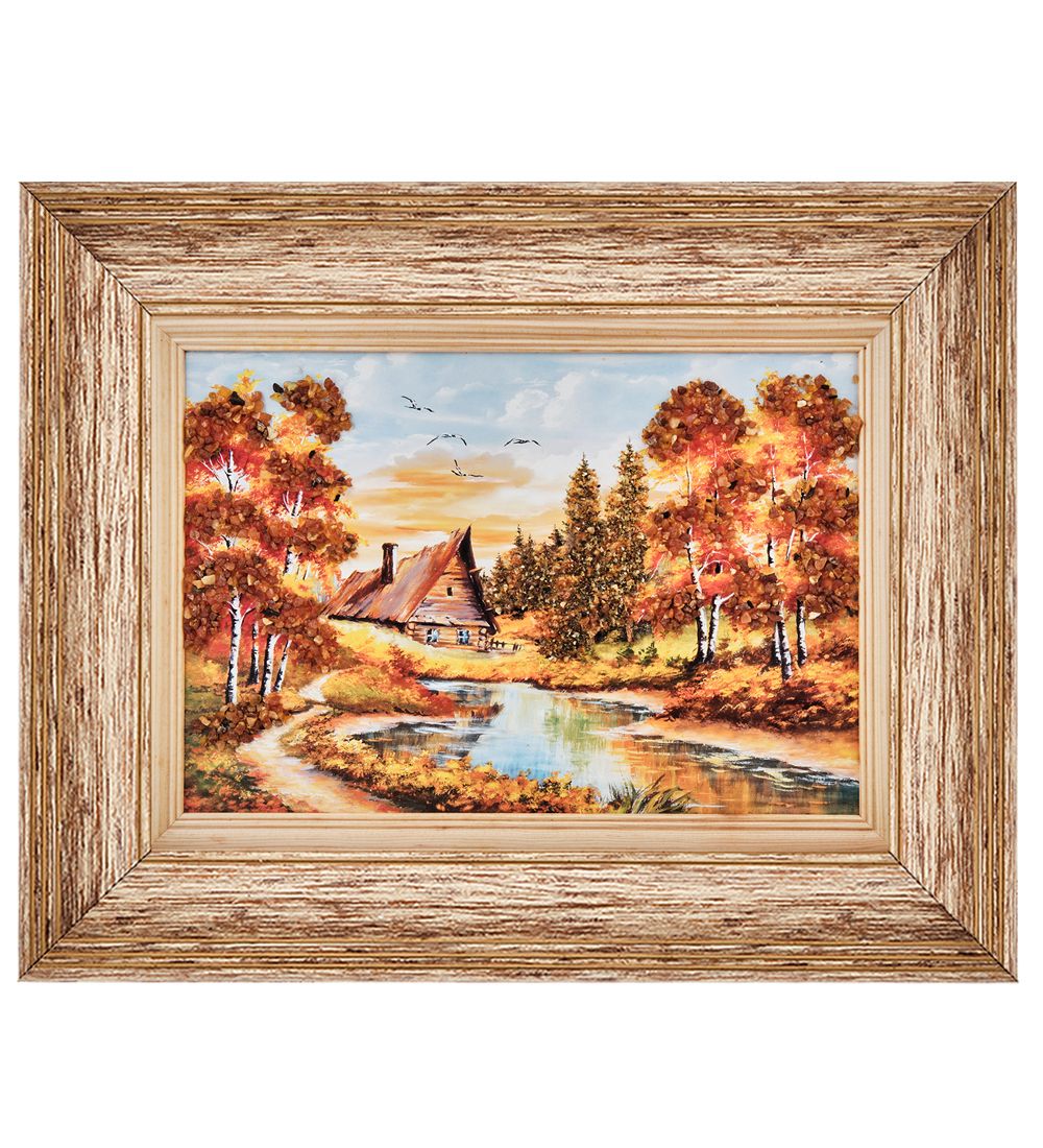 AMB-01/52 Картина «Дом на берегу» (с янтарной крошкой) пласт.рамка 33х42см