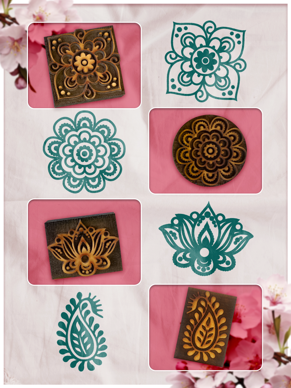 Комбо деревянные штампы 073, 083, 084, 085 + персидский купол по ткани 20 мл