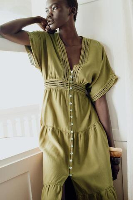 ZARA ПЛАТЬЕ-ТУНИКА С КРУЖЕВОМ, ХАКИ