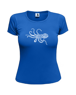 Футболка с осьминогом женская приталенная синяя с белым рисунком