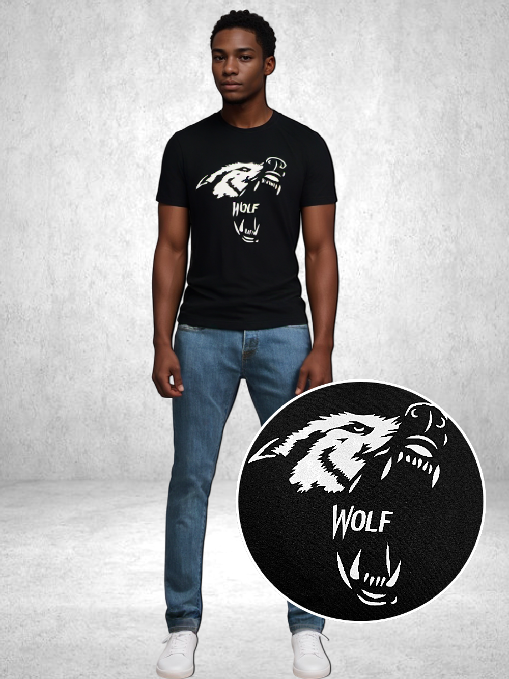 34051 Футболка мужская кулирка черная с принтом волк (60)