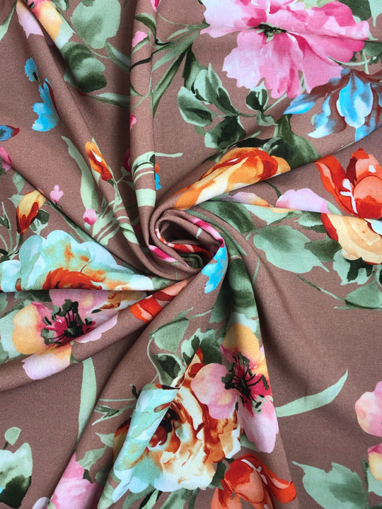 штапель принт тюльпаны на темно бежевом D29C2