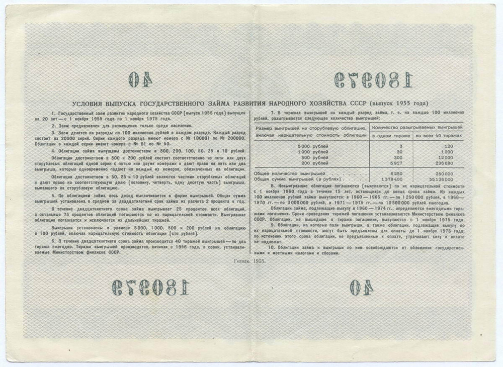 Облигация 25 рублей 1955 год. Серия № 180986. VF