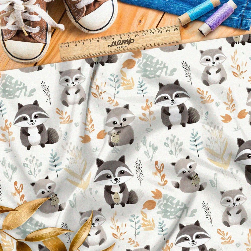 Ткань премиум шифон семья енотов
