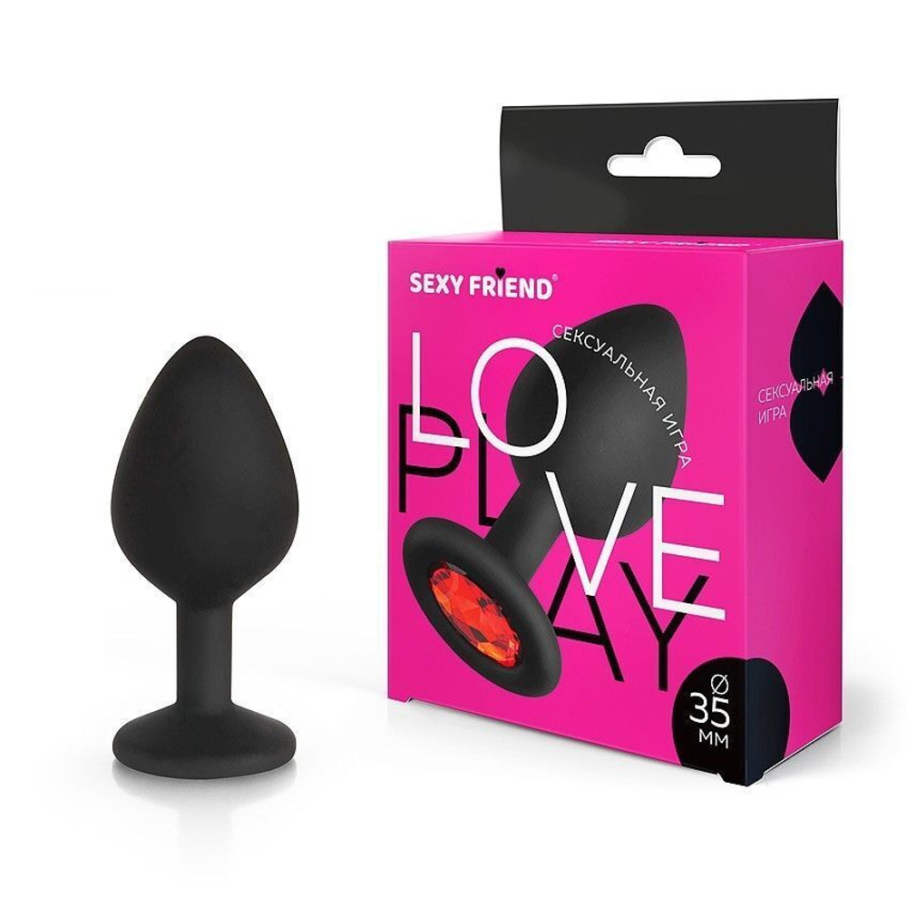 Черная силиконовая анальная втулка с красным кристаллом - 8 см. (Цвет: красный)