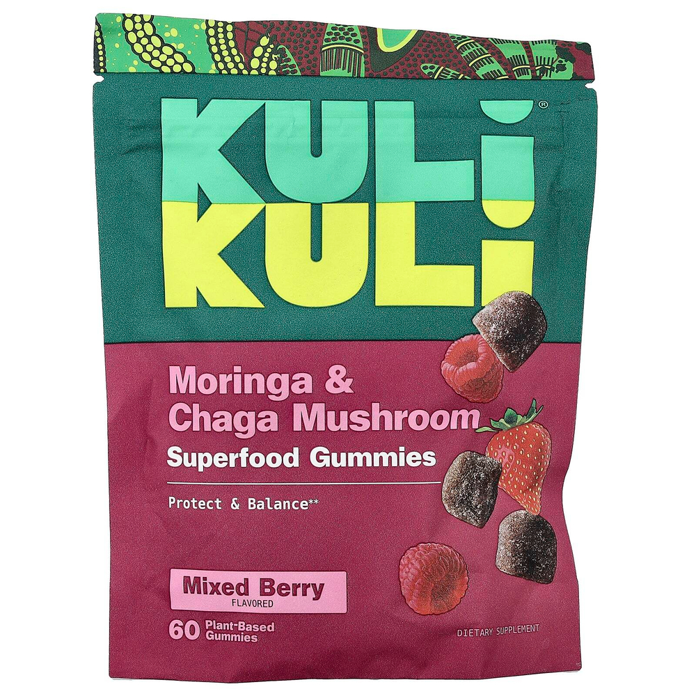 Kuli Kuli, жевательные таблетки с суперфудами, моринга и чага, вкус ягодного ассорти, 60 жевательных таблеток на растительной основе