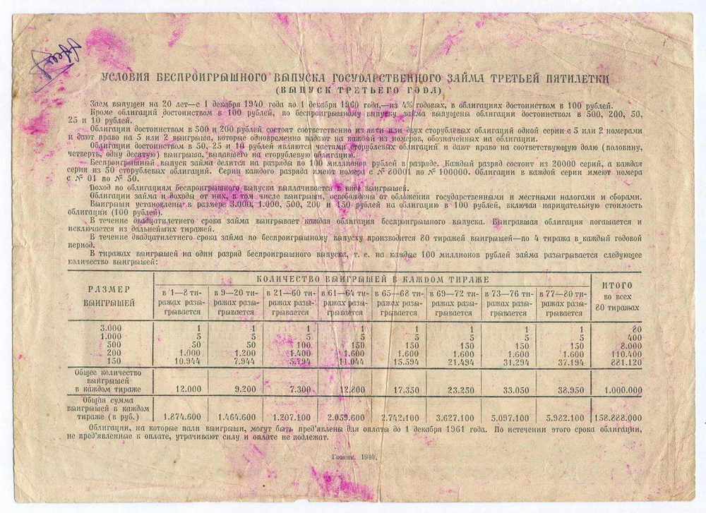 Облигация 50 рублей 1940 год. Заем 3-ей пятилетки. Серия № 94323. VG
