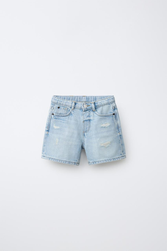 ZARA ДЖИНСОВЫЕ ШОРТЫ BAGGY С РАЗРЕЗАМИ, ГОЛУБОЙ