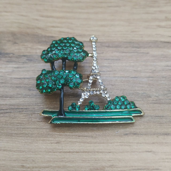 Брошь-кулон Эйфелева башня и дерево со стразами эмаль цветная металл золотистый